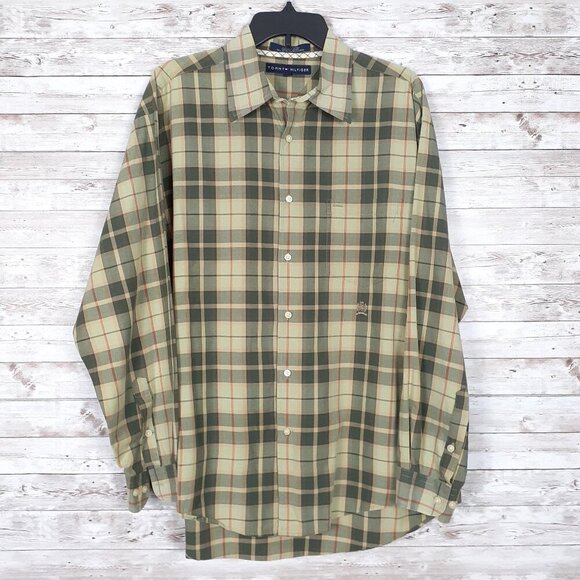 Tommy Hilfiger Mens Button Up Shirt L Green Plaid Crest Long Sleeve 817 - Picture 1 of 5